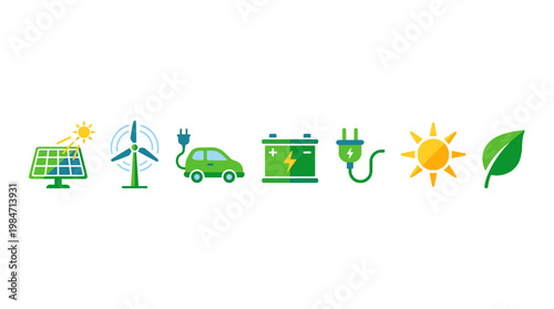 Eco friendly energy sources power an electric vehicle with solar panel wind turbine battery and leafy green environment