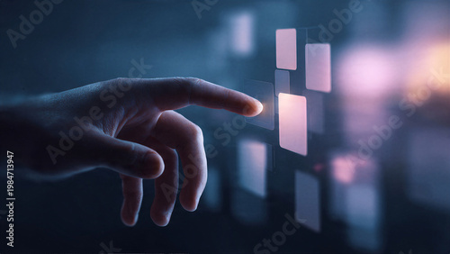 Human hand reaching toward floating digital interface elements in futuristic environment soft blur background and clean composition with copy space