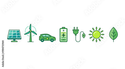 Sustainable energy sources power eco-friendly car with solar panel wind turbine battery and plug.