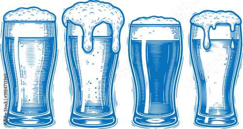 four glasses of beer with varying levels of foam Vector, illustration