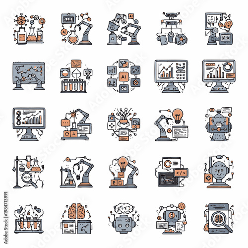 Collection of Icons Representing Science, Technology, and Innovation in Research and Development.