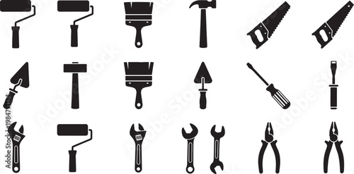 Black silhouette collection of various hand tools for repair and construction