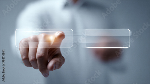 Close up finger pressing virtual UI button on transparent screen with modern interface concept soft blur background and copy space