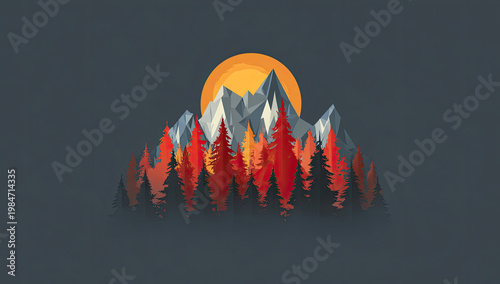 Abstract Landscape Mountains Trees and a Glowing Sun in Artistic Style.