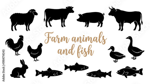 Farm animals and fish silhouette collection