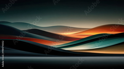 Abstract landscape with colorful waves and a dark sky.
