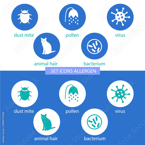 Set icons allergen. Allergen - animal, dust mite, pollen, virus, bacterium. allergens in colored circles on dark and white background.