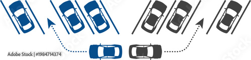 Parking icon set with cars, parking signs, maps and vehicles in flat blue and gray style isolated on white background, perfect for navigation apps, transport and urban design projects.