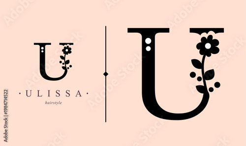 Logo, capital letter U. Monogram of Botanical Minimalistic, Initial. with Organic Plant Elements. chamomile, Dandelion. Vector design. for tattoo studio