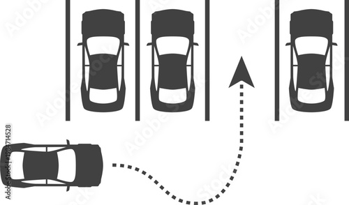 Parking icon set with cars, parking signs, maps and vehicles in flat blue and gray style isolated on white background, perfect for navigation apps, transport and urban design projects.