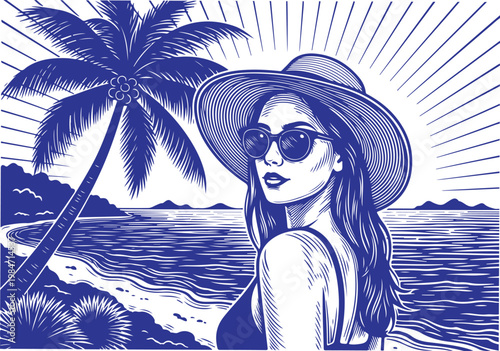 a woman wearing sunglasses and a hat on a beach Vector, illustration