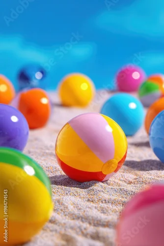 Fototapeta samoprzylepna Bright beach balls rest on soft sand under blue sky