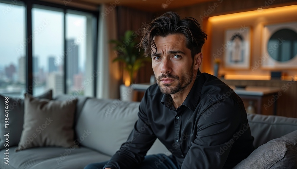 Obraz premium Handsome man sitting on couch in modern apartment. Serious male person in luxury interior. Lifestyle portrait of young adult relaxing and resting at home. Urban residential background.