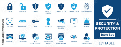 Security and protection icon set featuring cybersecurity, data encryption, biometric face ID, fingerprint, firewall, antivirus, privacy shield, and surveillance camera symbols.