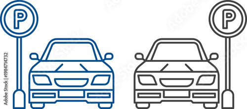Parking icon set with cars, parking signs, maps and vehicles in flat blue and gray style isolated on white background, perfect for navigation apps, transport and urban design projects.