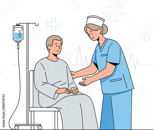 A nurse in blue scrubs comforts a patient in a hospital setting on transparent background