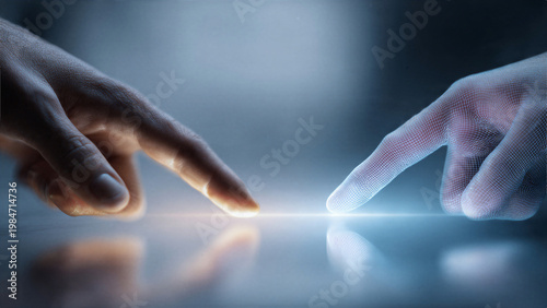 Two hands touching glowing light representing digital connection and human interaction concept soft background blur and clean composition