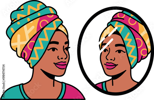 A vibrant illustration of a woman admiring her reflection in a mirror on transparent background
