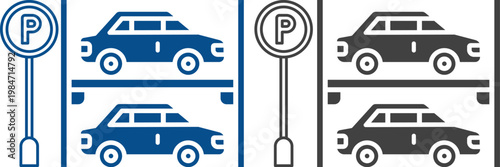 Parking icon set with cars, parking signs, maps and vehicles in flat blue and gray style isolated on white background, perfect for navigation apps, transport and urban design projects.