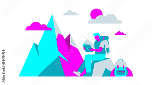 Hiker on mountain reading map illustration adventure travel and exploration concepts