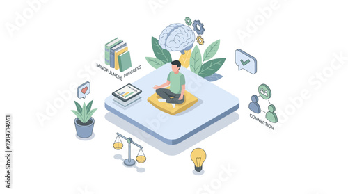 Isometric illustration of meditation and mindfulness with symbolic elements