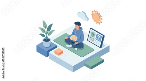 Meditating person with health monitor plant cloud and sun icon isolated on white