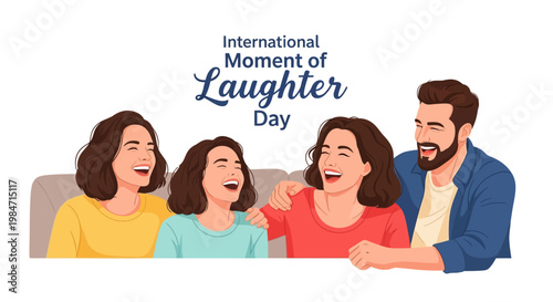 A cheerful family celebrating International Moment of Laughter Day with bright vector illustrations of people laughing together, conveying positive emotions in a joyful and carefree mood