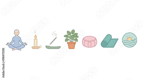 Person meditates with candle incense plant pouf yoga mat at sunrise