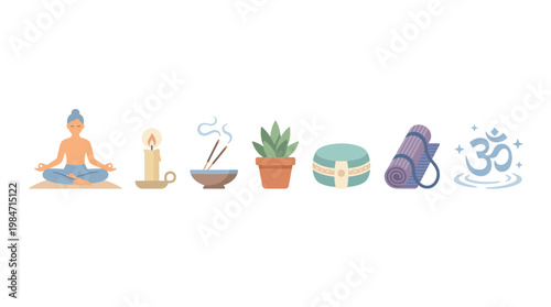 Person meditates peacefully with yoga mat candle incense plant and om symbol nearby indoors.