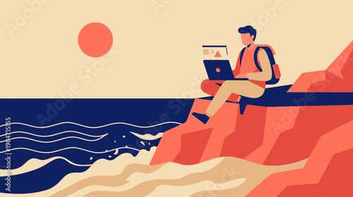 Man using laptop on cliffside by ocean under sunset vector illustration