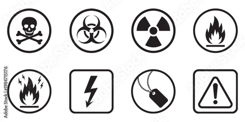Hazard warning symbols, safety signs for dangerous materials and hazardous situations in industrial chemical transport and workplace environments concept illustration