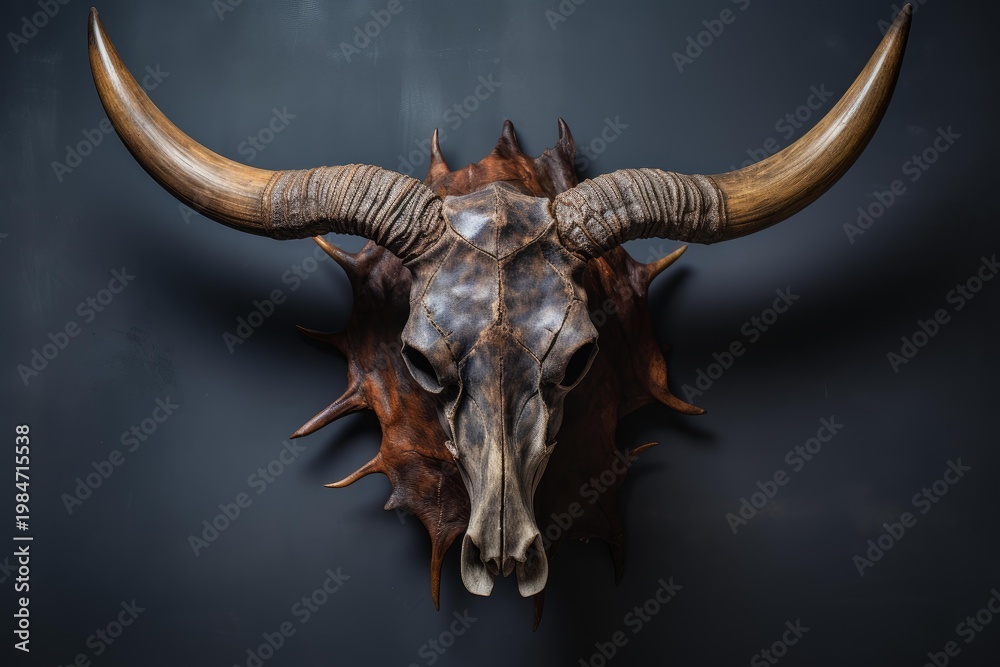 Fototapeta premium Steer skull with real horns mounted on a leather wall hanging, creating a gothic decor