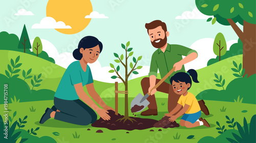 A vibrant flat design illustration depicting a diverse group of people planting a sapling together, symbolizing community action and growth for World Environment Day. 