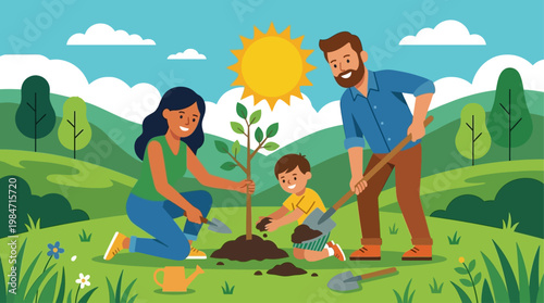 A vibrant flat design illustration depicting a diverse group of people planting a sapling together, symbolizing community action and growth for World Environment Day. 