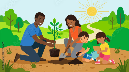 A vibrant flat design illustration depicting a diverse group of people planting a sapling together, symbolizing community action and growth for World Environment Day. 