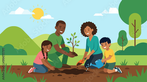 A vibrant flat design illustration depicting a diverse group of people planting a sapling together, symbolizing community action and growth for World Environment Day. 