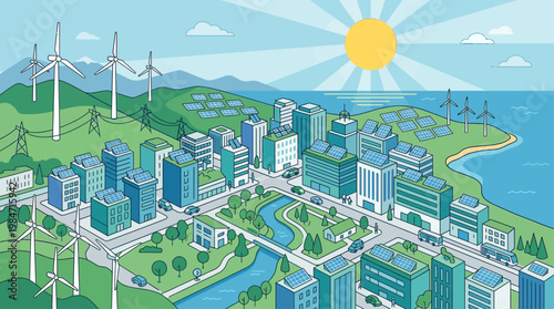 A modern flat design illustration of a sustainable cityscape powered by renewable energy sources like wind turbines and solar panels. 
