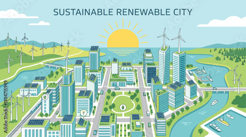 A modern flat design illustration of a sustainable cityscape powered by renewable energy sources like wind turbines and solar panels. 