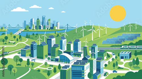 A modern flat design illustration of a sustainable cityscape powered by renewable energy sources like wind turbines and solar panels. 