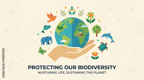 A heartwarming flat design illustration showcasing an open hand cradling Earth with various animal and plant icons, symbolizing the protection of biodiversity. 