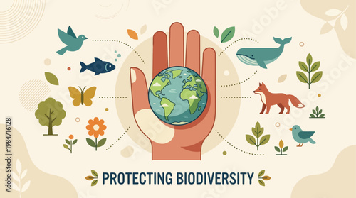 A heartwarming flat design illustration showcasing an open hand cradling Earth with various animal and plant icons, symbolizing the protection of biodiversity. 
