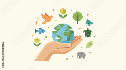 A heartwarming flat design illustration showcasing an open hand cradling Earth with various animal and plant icons, symbolizing the protection of biodiversity. 