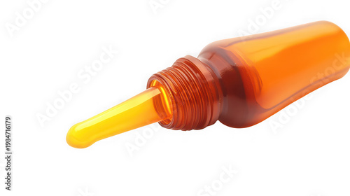 A close-up of an orange medicine dropper bottle on transparent background