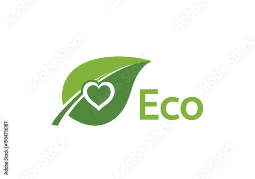 Modern environmental logo design with a fresh green leaf embracing a white heart, ideal for eco-friendly brands, nature conservation, and a sustainable future