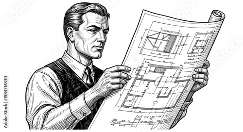 Vintage man reading architectural blueprint plans illustration.