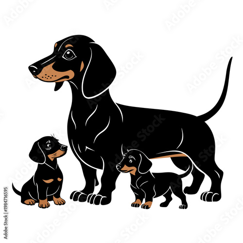 black silhouette set of dachshund family with adult dog and puppies in clean vector icon style