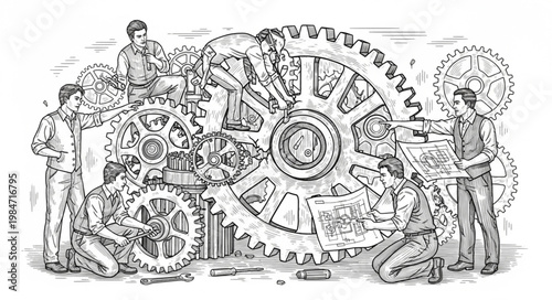Vintage Industrial Gear Machinery With Workers Operating.