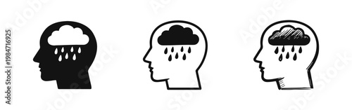 Mental Health and Depression Icons with Rain Cloud inside Human Head