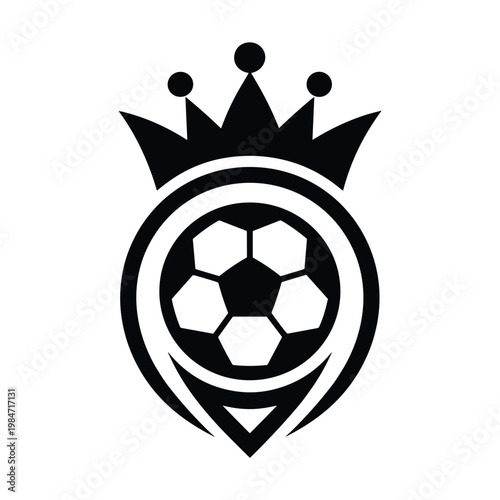 A black and white emblem featuring a soccer ball beneath a regal crown with decorative tribal elements