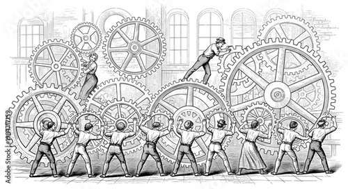 Workers Turning Large Interlocking Industrial Gears By Hand.